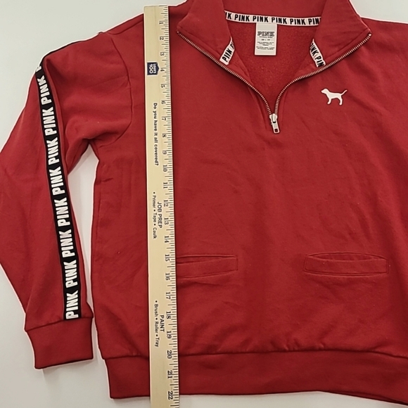 PINK VICTORIA'S SECRET Red Quarter Zip Sweatshirt Black Logo Down Arms -Size XS - Picture 12 of 14